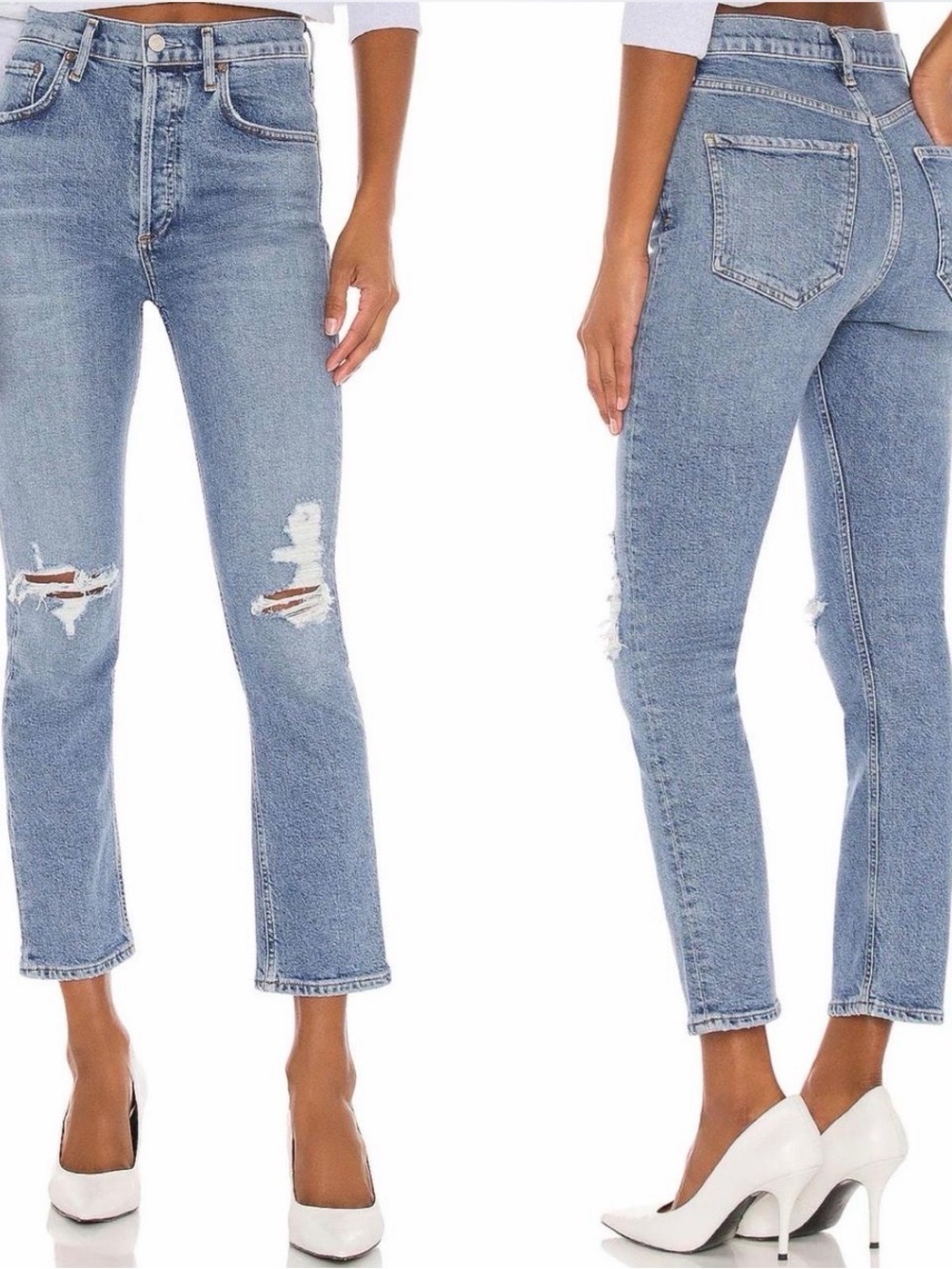 Agolde Riley Jeans High Rise Distressed Ankle Straight Jeans Whiplash Blue 28